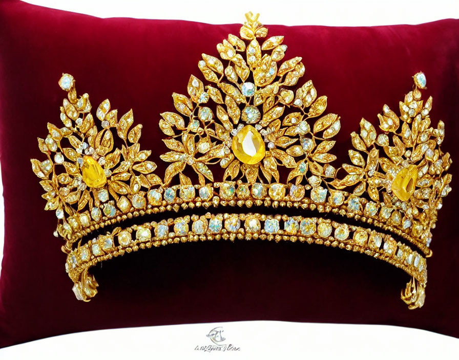 Golden tiara with leaf designs and gemstones on red cushion