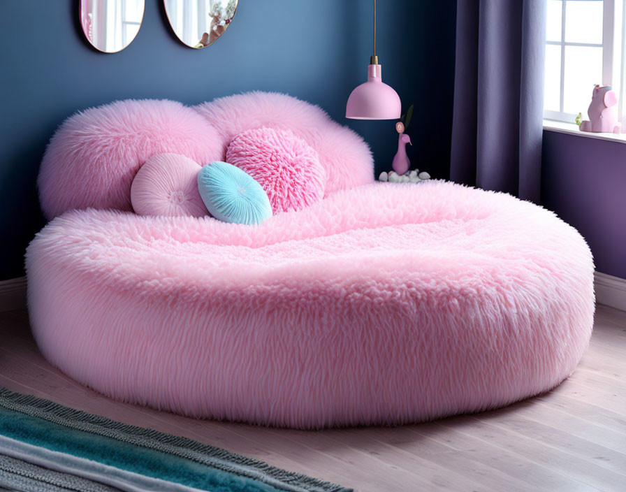 Pink Plush Round Sofa with Colorful Cushions in Purple Room