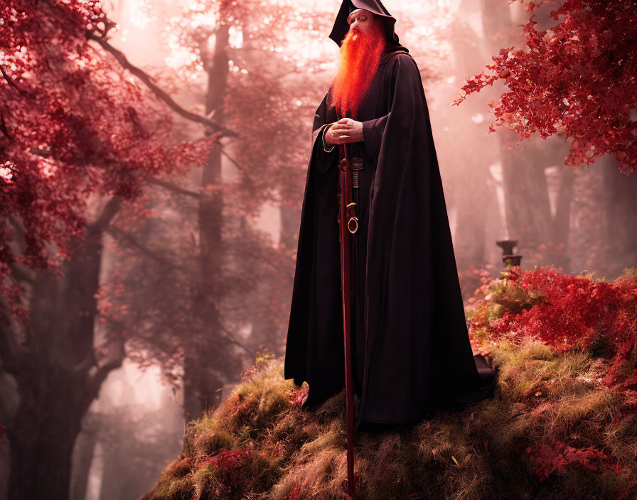 Bearded Figure in Black Cloak in Mystical Forest with Red Foliage