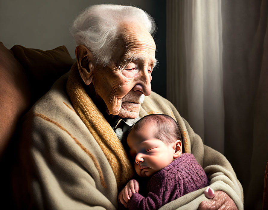 Elderly person admiring sleeping baby in warm blanket