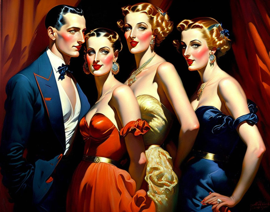 Vintage Illustration: Man in Tuxedo & Women in 1930s Evening Gowns