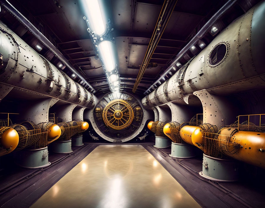 Industrial interior with metallic cylinders, yellow railings, circular door, and overhead lights