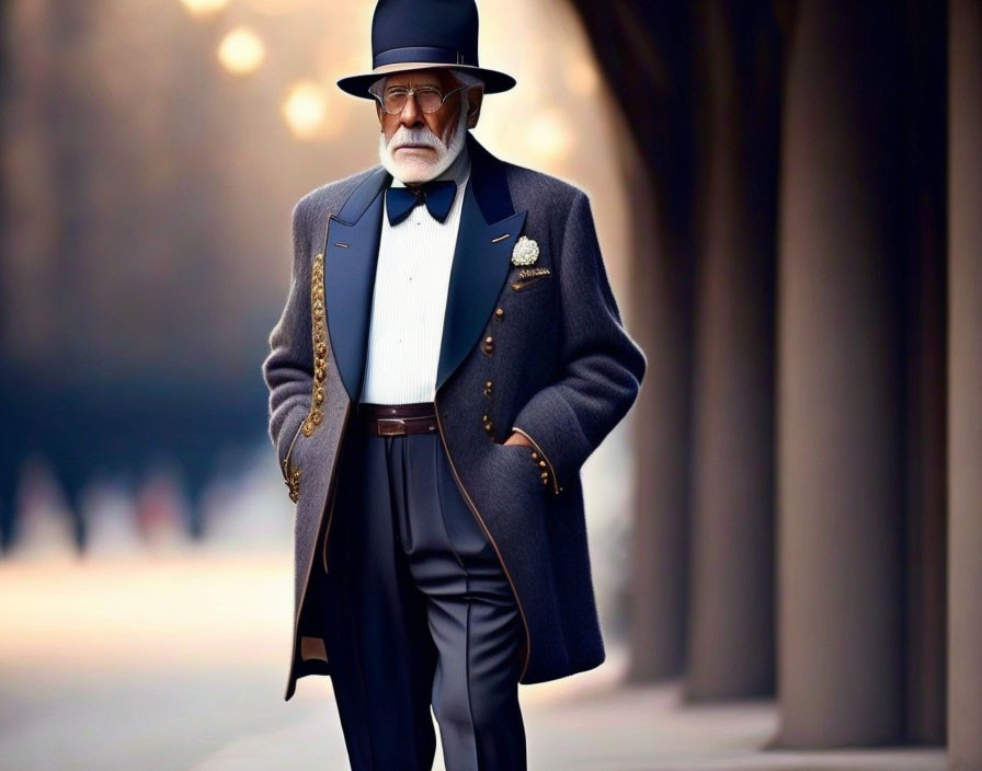 Stylish elderly man in hat, coat, bowtie, and pocket watch walking in city scene