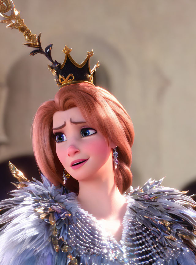 Animated character in crown and feathered outfit gazes with concern.