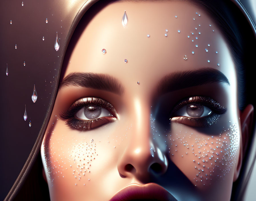 Detailed close-up of woman's face with glittering makeup and water droplets under dramatic lighting