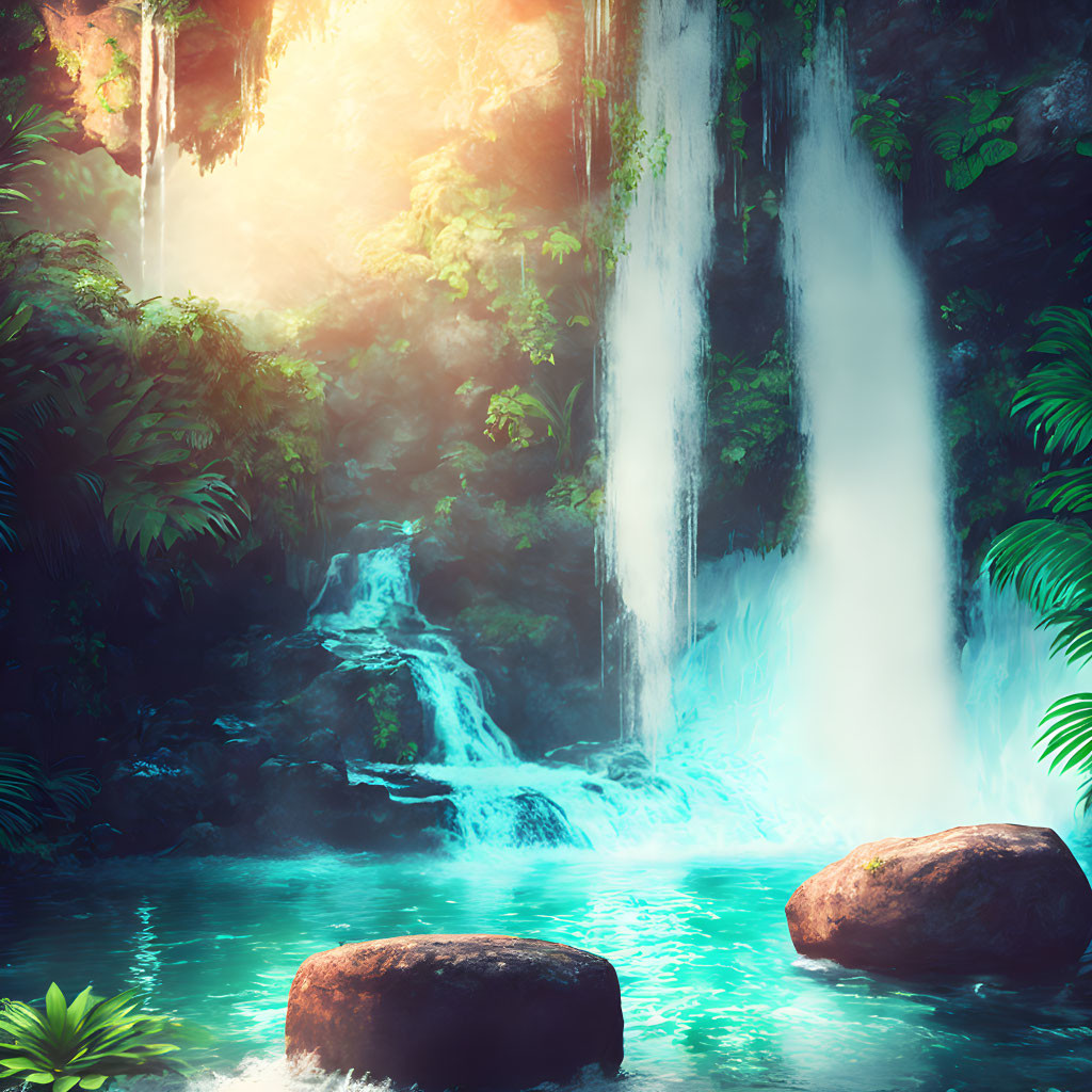 Tranquil waterfall in lush green setting