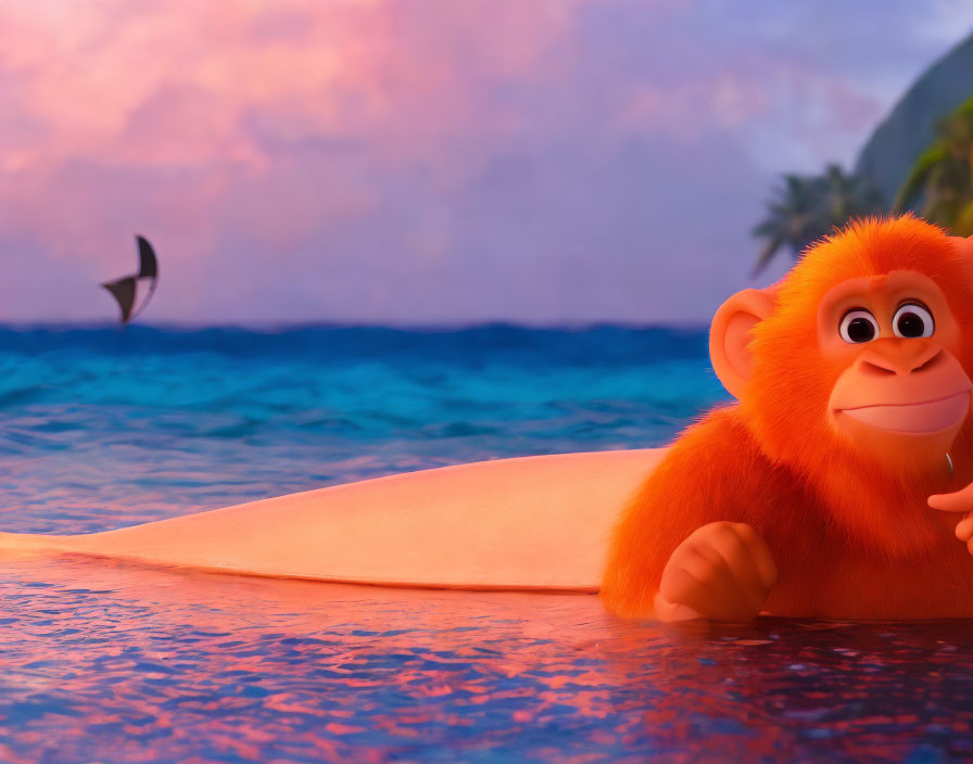 Orange monkey on surfboard with whale tail in sunset scene