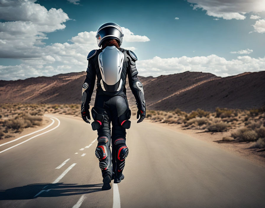 Motorcyclist in full gear walking on empty desert road