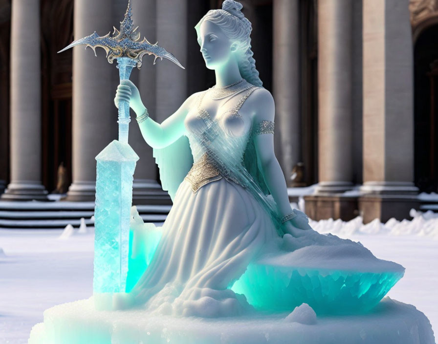 Detailed Ice Sculpture of Warrior Woman with Sword Against Architectural Backdrop