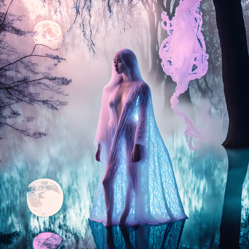 Transparent-robed figure with pink hair in mystical forest with moons & surreal colors