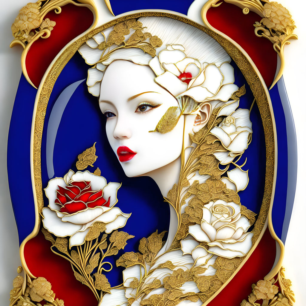 Pale woman with gold-leaf makeup in golden floral setting on blue and white backdrop