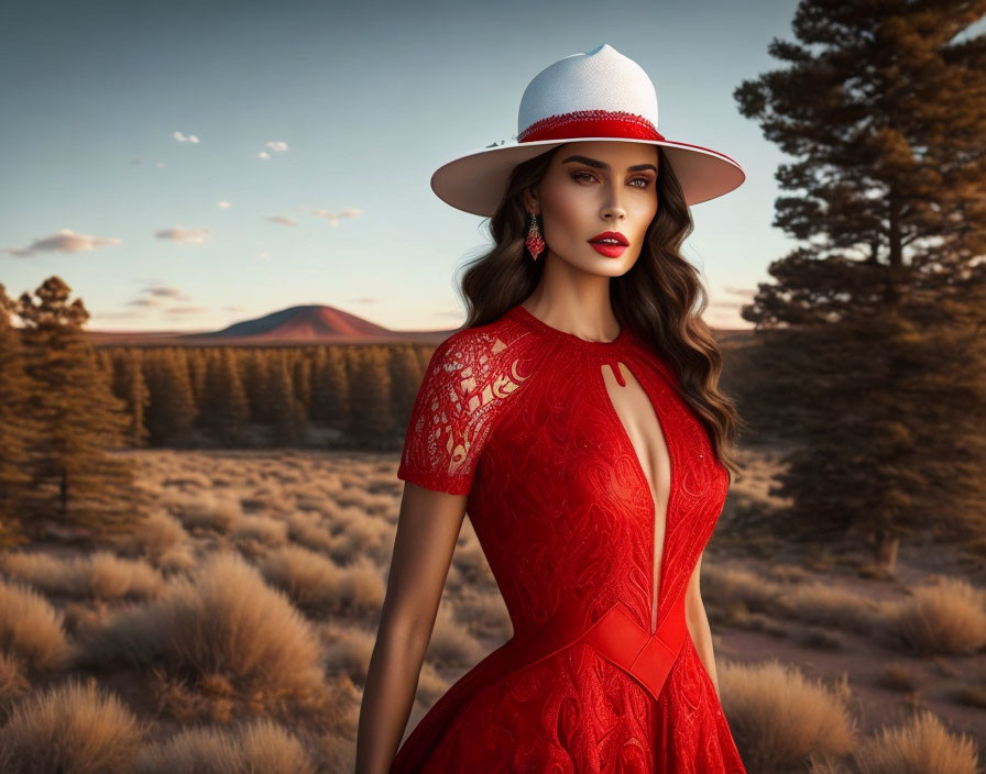 Woman in Red Lace Dress and White Hat in Front of Sunset Pine Forest and Mountain