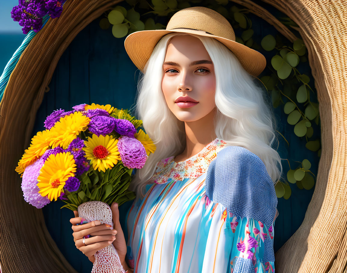 White-Haired Woman Holding Bouquet in Front of Blue Floral Backdrop