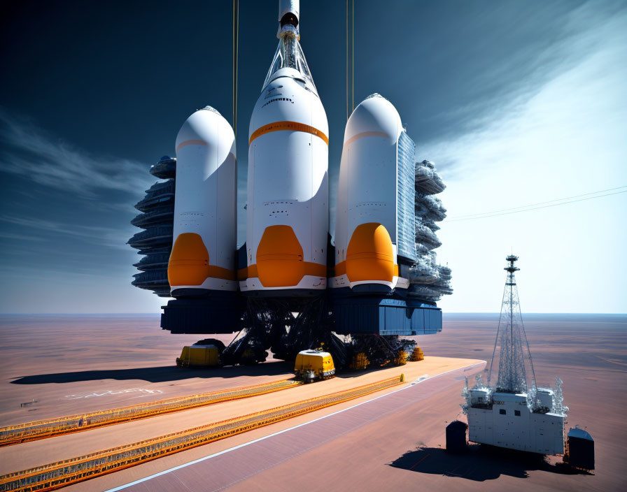 Spacecraft on crawler-transporter ready for launch in desert landscape