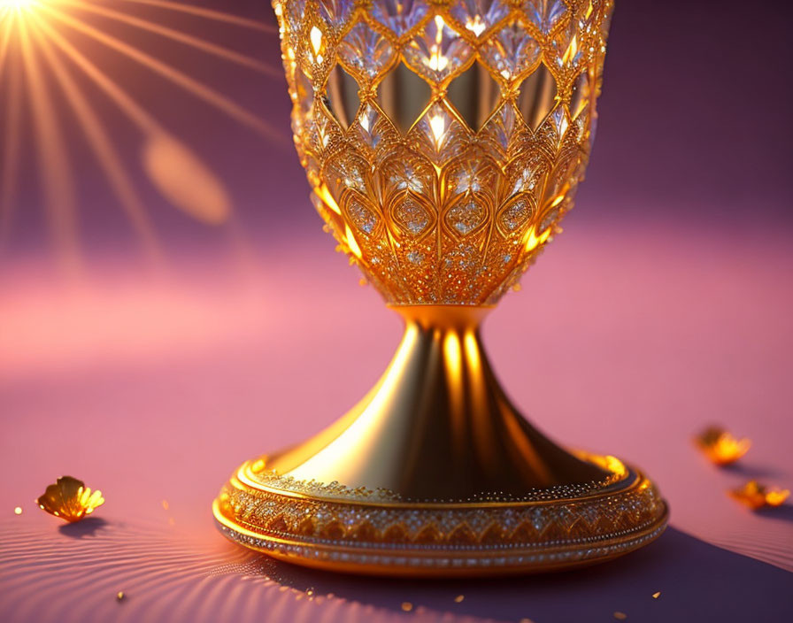 Intricate golden goblet with ornate patterns on reflective surface, purple background, light rays,