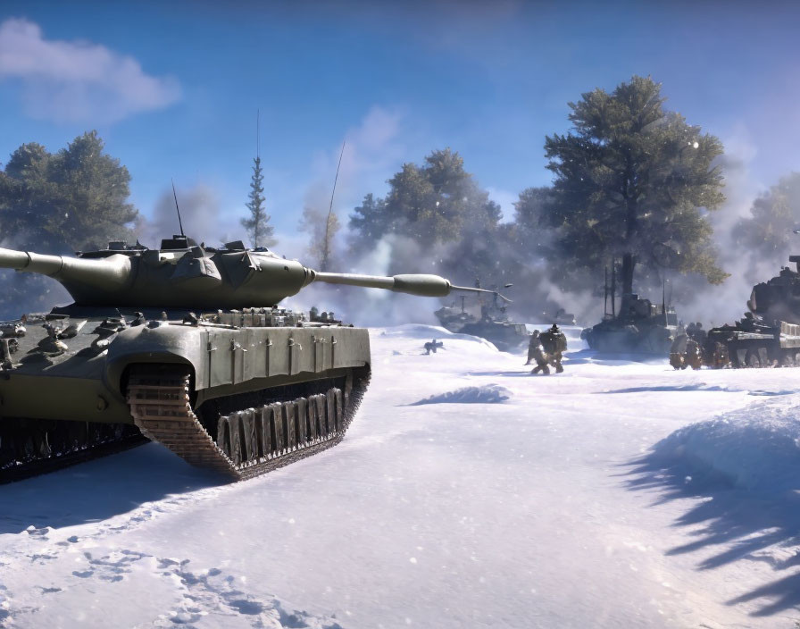 Tank advancing in snowy landscape with soldiers and smoke amidst trees