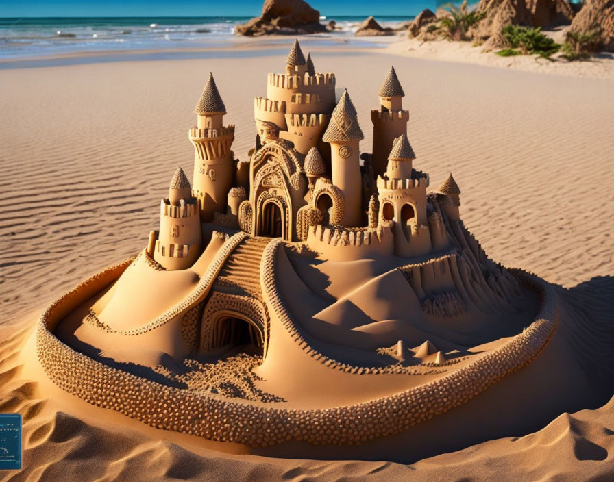 Elaborate Sandcastle with Towers and Arches on Beach at Golden Hour