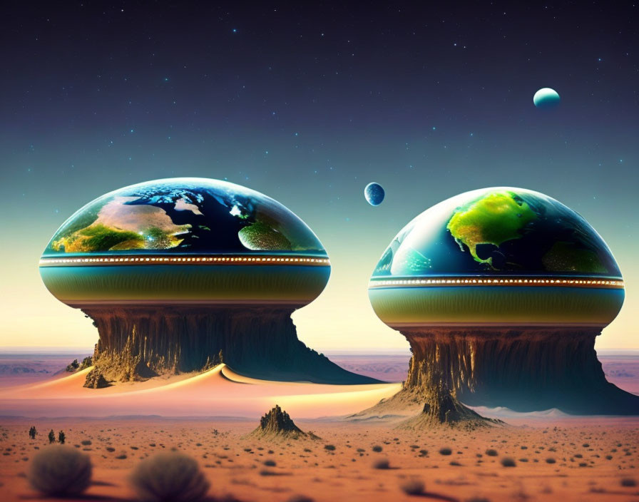 Futuristic Earth-like planets over desert landscape with celestial bodies