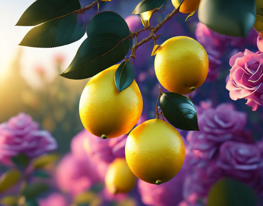 Ripe Lemons and Colorful Roses in Sunset Scene