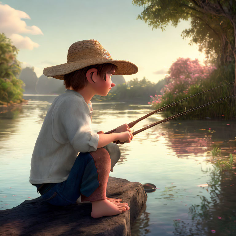 Young boy in straw hat fishing by lush riverbank