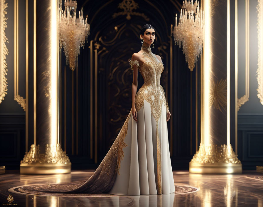 Luxurious gold-accented gown in grand hall with opulent chandeliers