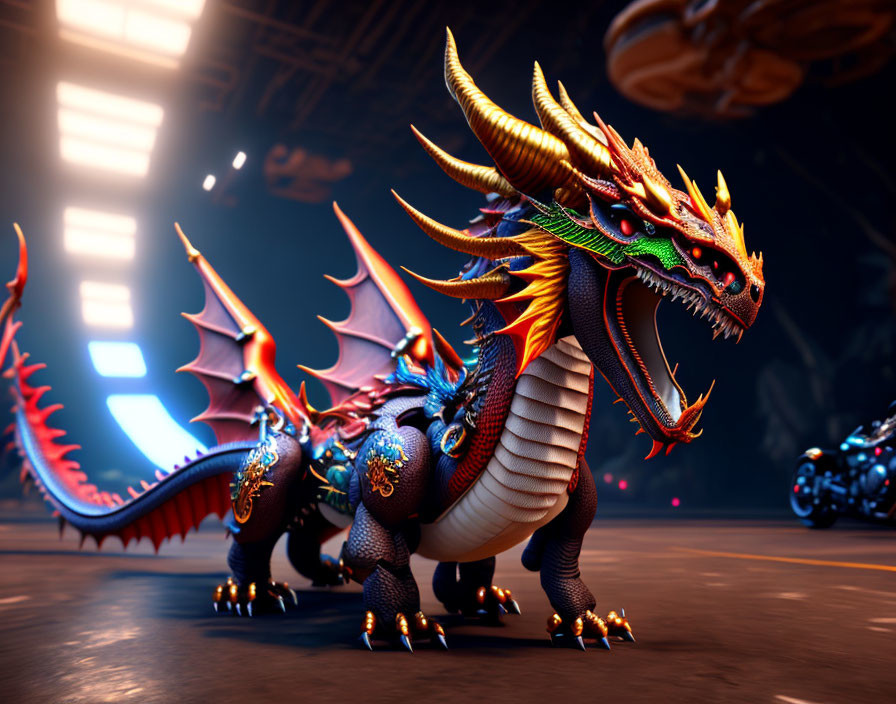 Ornate fiery dragon with elaborate horns and wings in futuristic setting