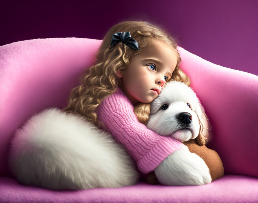 Young girl with curly hair embraces fluffy white dog on pink couch