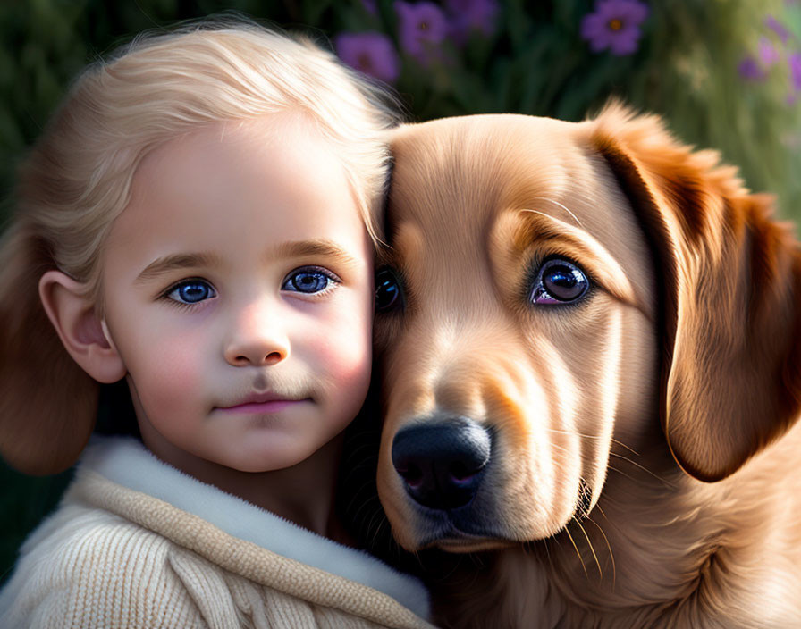 Child with blue eyes and golden retriever in nature scene