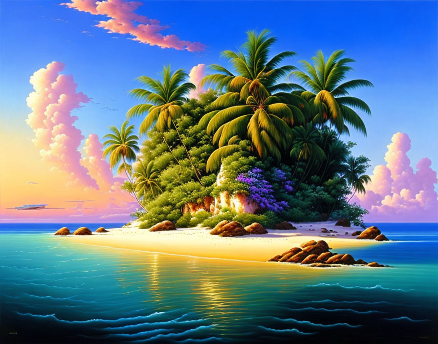 Tropical Island with Palm Trees, Beach, and Sunrise/Sunset Sky