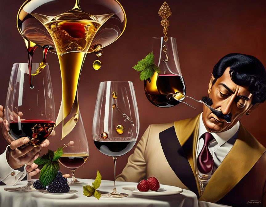 Surreal illustration: man in suit with mustache and floating wine glasses