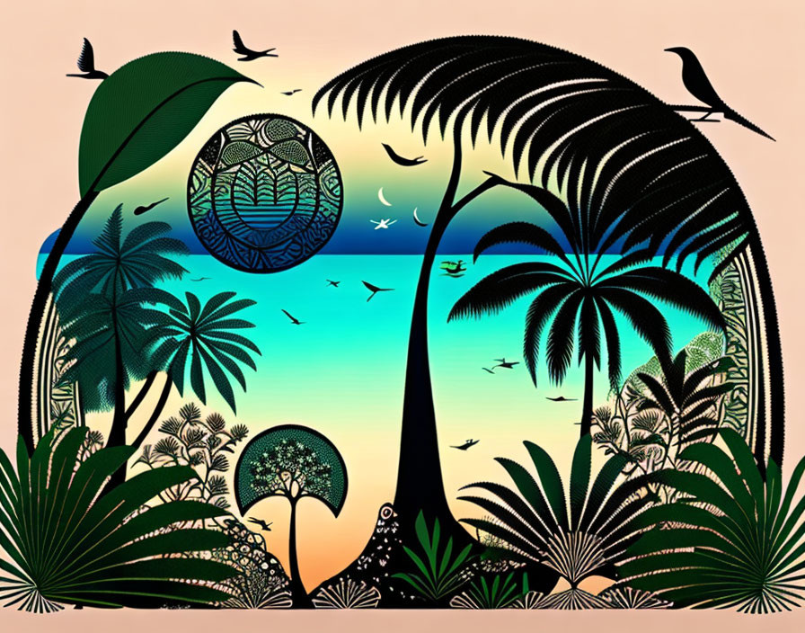 Tropical sunset scene with palm tree silhouettes and birds against orange sky