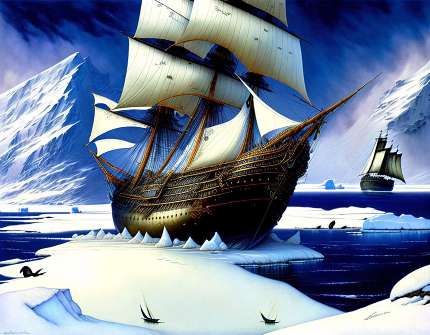 Majestic sailing ships in icy waters with glaciers and icebergs