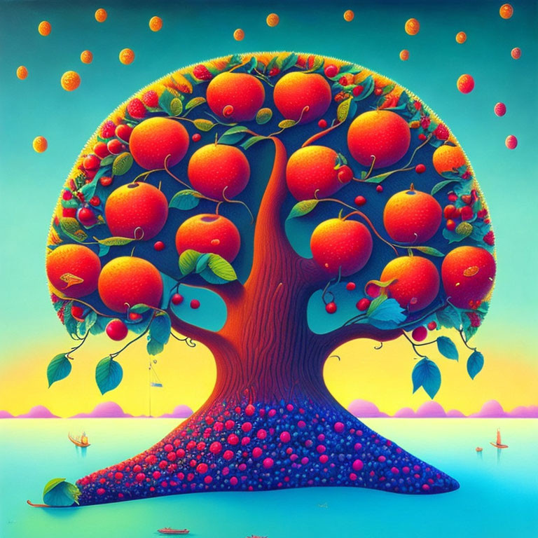 Colorful painting: Apple tree, oversized fruits, surreal landscape, floating orbs, serene water body with