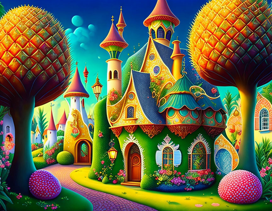 Colorful Fairytale Village Illustration with Whimsical Houses & Starry Sky