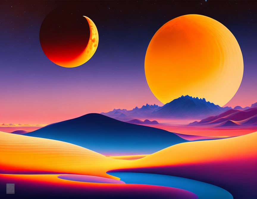 Colorful surreal landscape with dunes, river, mountains, and oversized planets