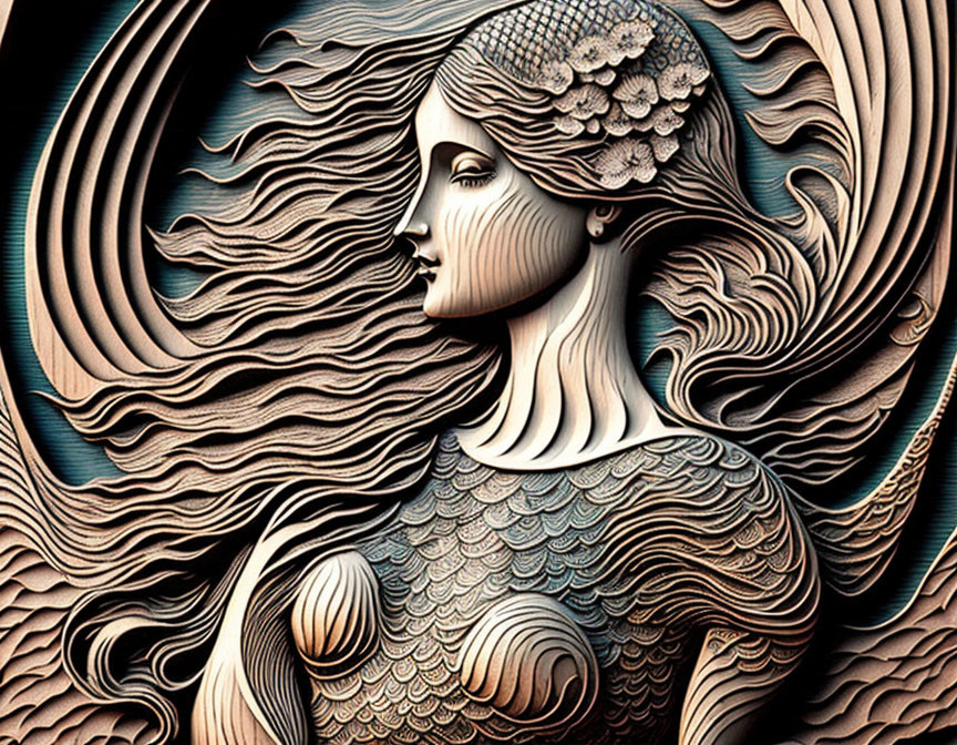 Art Nouveau design of woman with flowing hair and scale-like dress