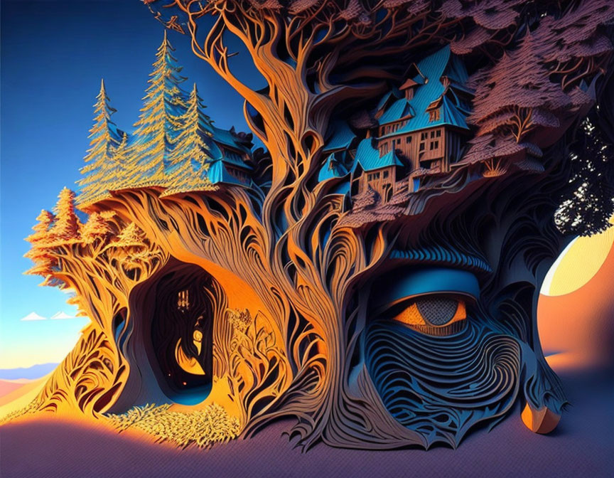 Surreal artwork of fantastical tree with face in twilight landscape