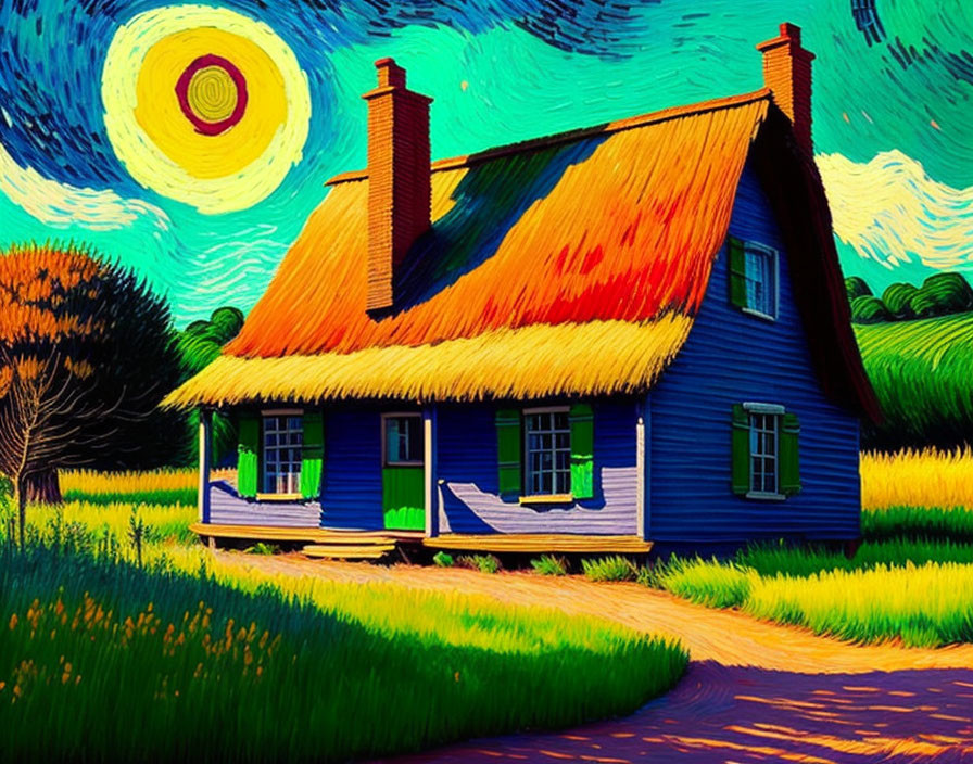 Colorful painting of blue house with thatched roof, porch, and swirling sky.