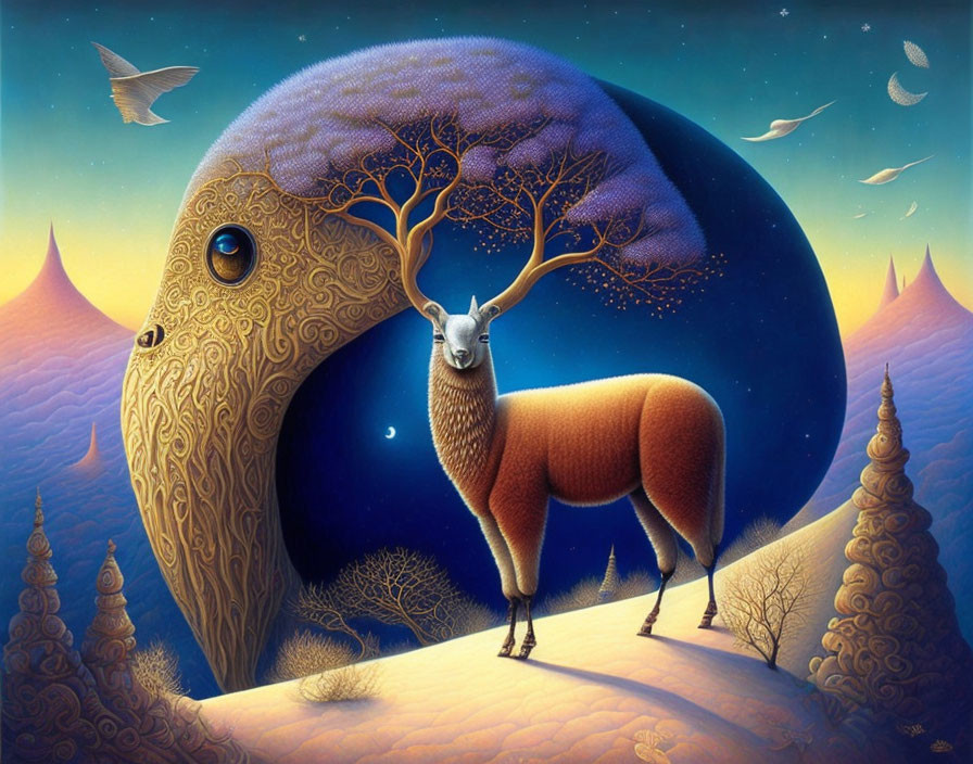 Surreal artwork: llama with tree head, giant bird with landscape body, moonlit sky