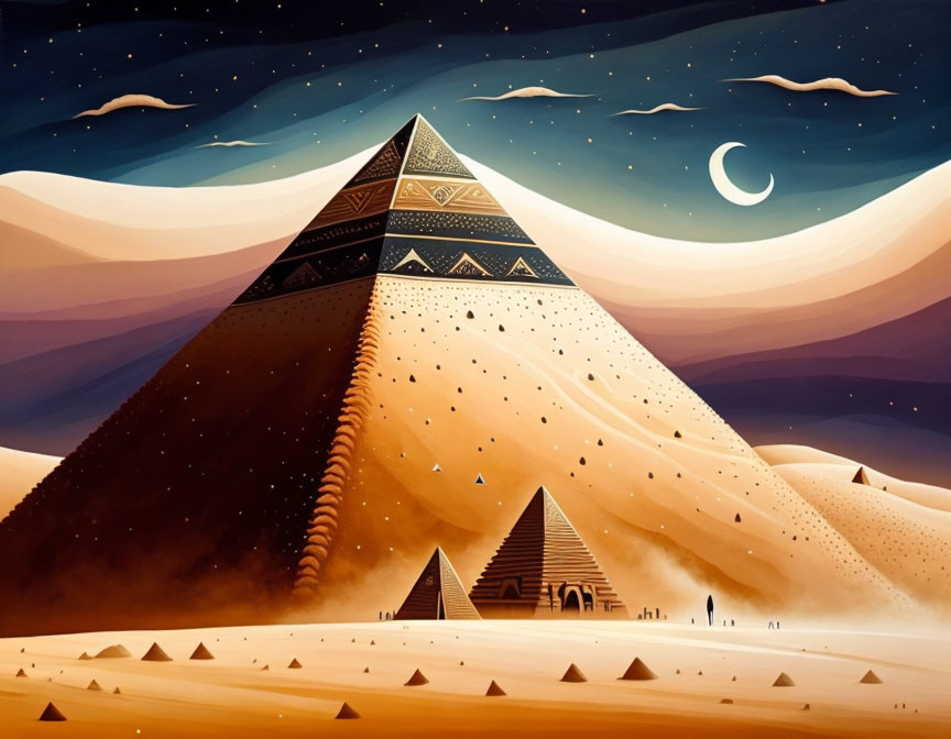 Illustration of Egyptian pyramids at night with starry sky, crescent moon, and sand d