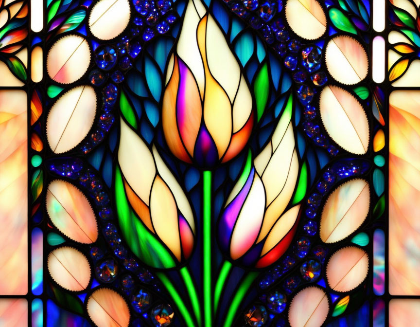 Colorful Stained Glass Window with Blue, Orange, Yellow, and White Panels