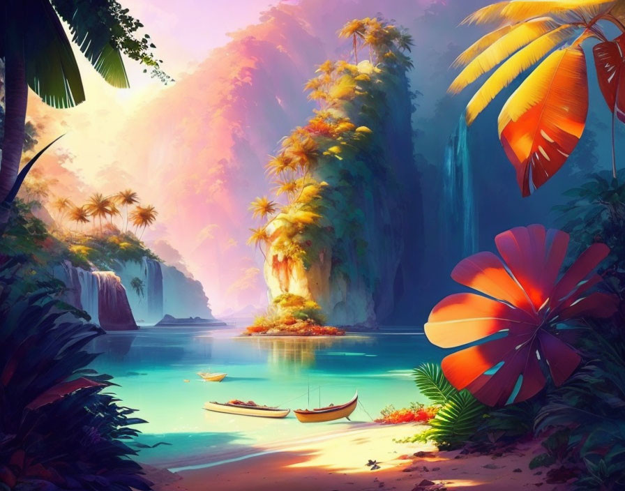 Tropical paradise with waterfalls, cliffs, lagoon, and boats under golden sunrise