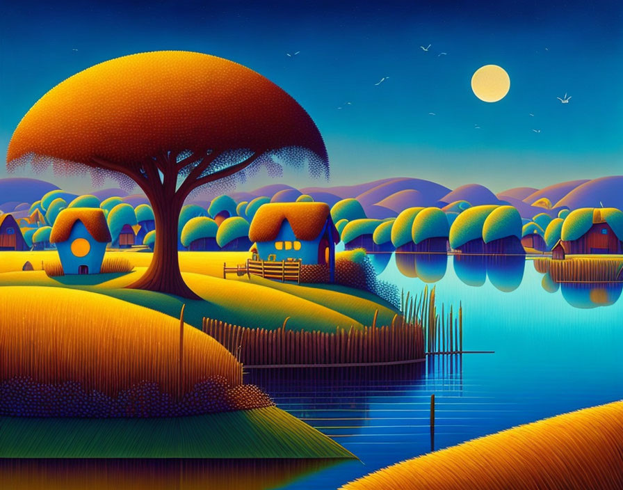 Stylized landscape with large tree, colorful houses, calm lake, full moon