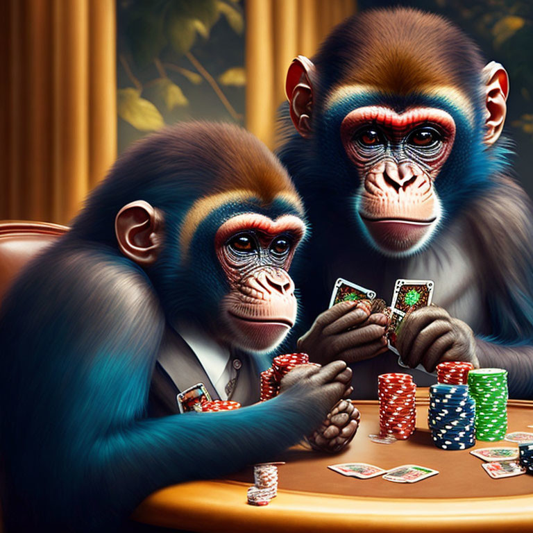 Realistic monkeys in suits playing poker with colorful chips