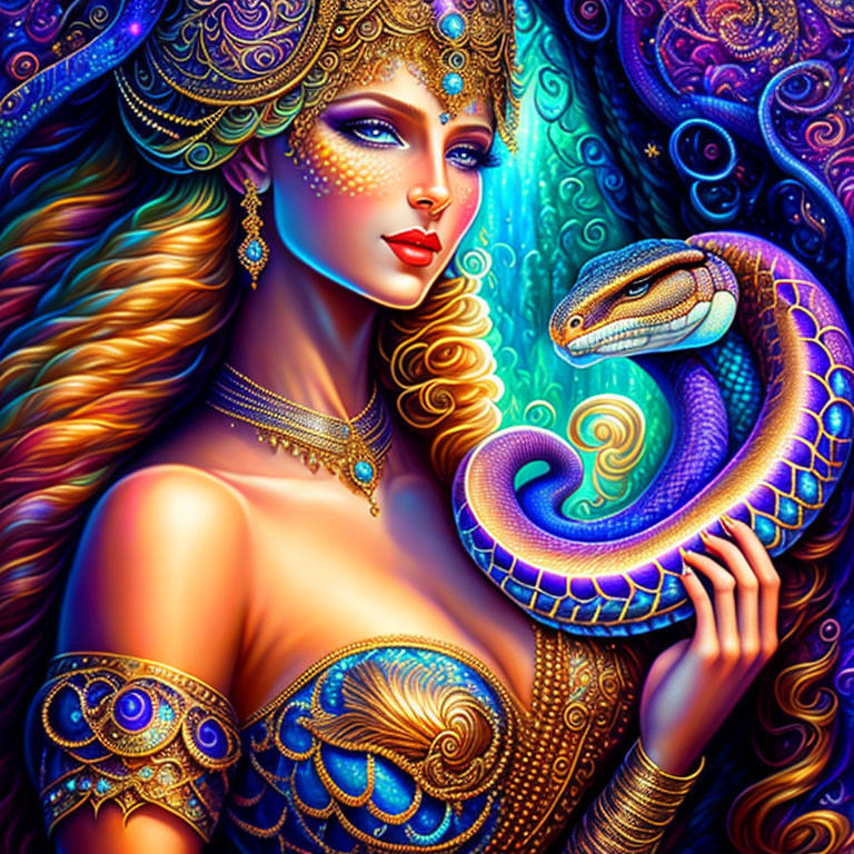 Colorful Illustration of Woman with Golden Hair and Blue Serpent