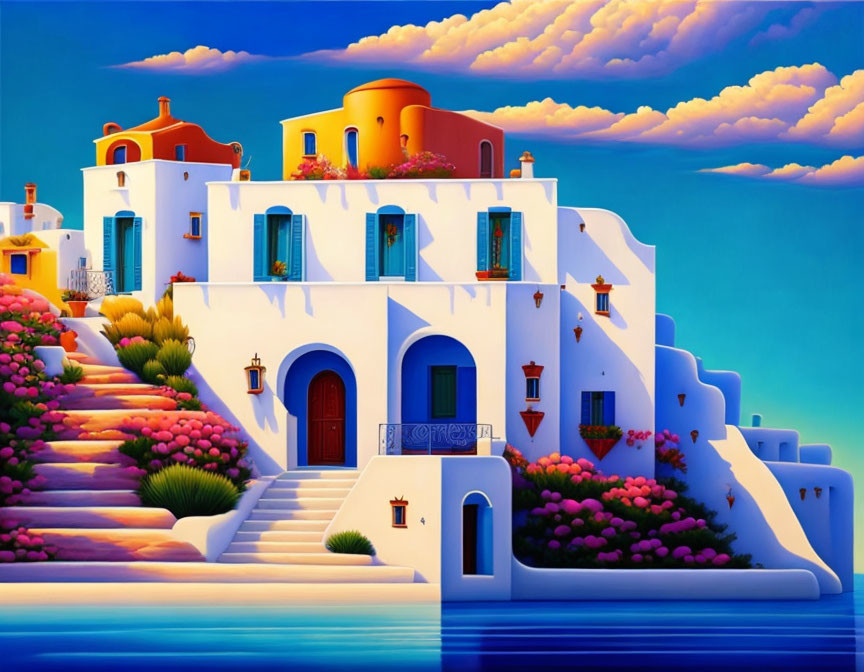 Colorful Mediterranean-style Buildings with Pink Flowers under Blue Sky