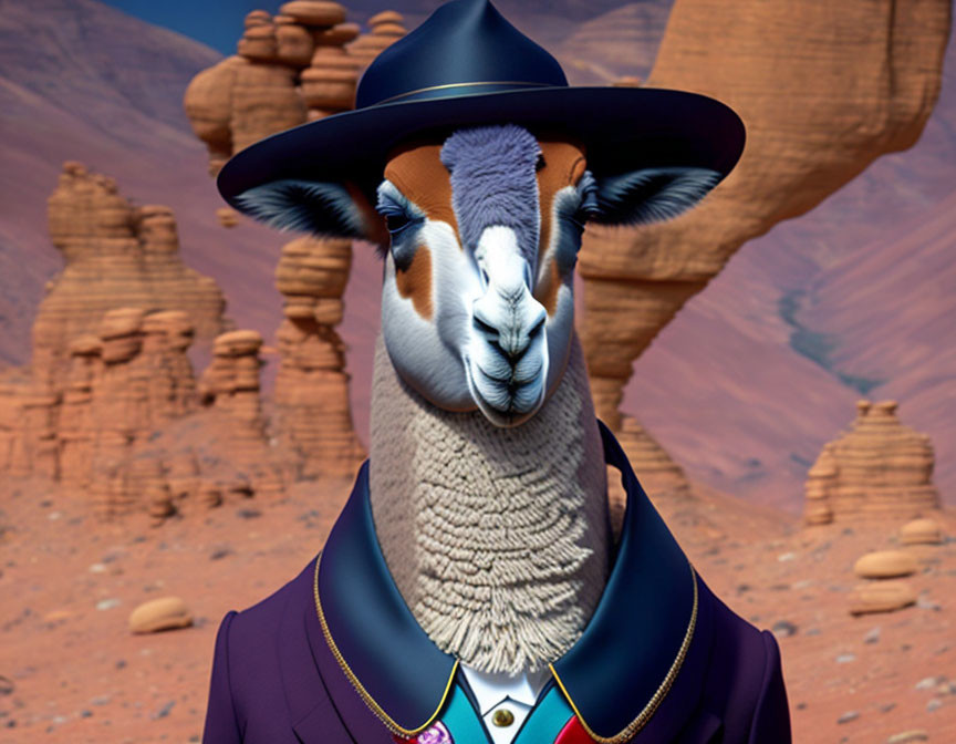 Stylishly Dressed Llama in Suit and Hat with Desert Landscape