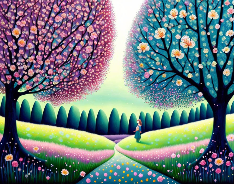 Colorful girl illustration in whimsical landscape with flowering trees and purple sky