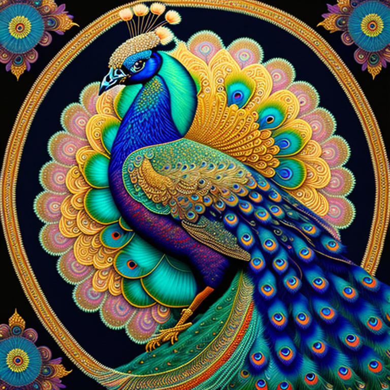 Colorful digital artwork of a peacock with intricate tail and ornate patterns