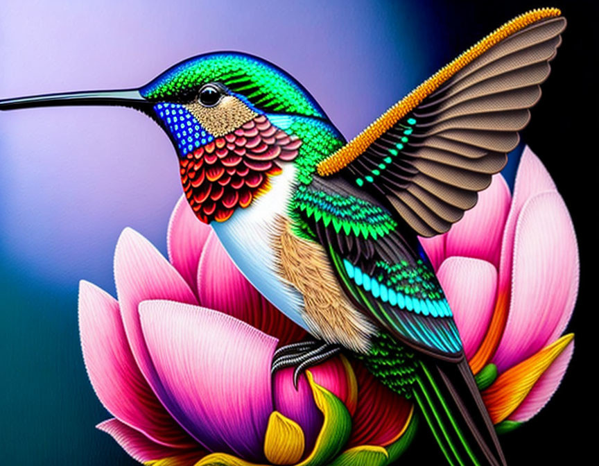 Colorful Hummingbird on Pink Lotus Flower Illustration with Iridescent Feathers